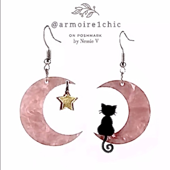 Black Cats Moongazing EARRINGS | Pink Pearlescent | holiday - Picture 7 of 7